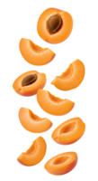 apricot fruit . apricots isolated. Fresh apricot slices falling down . Juicy apricot pieces tumbling down in mid-air isolated. Ripe apricot chunks dropping from above png