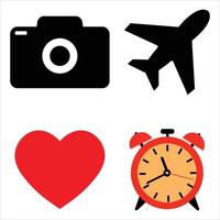 alarm clock,camera,Aeroplane ,heart icon set vector