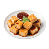 A plate of tofu with sauce and garnish png