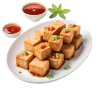 A plate of tofu with sauce and a bowl of sauce png