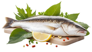 Fish with lemon and herbs on a cutting board png