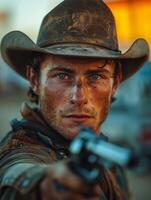 A man in a cowboy hat holding a gun photo