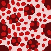 Abstract seamless pattern dark pomegranates with scattered red seeds on a pink background. A stylish and modern design, perfect for textiles, wallpaper, and decor. vector