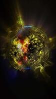 Abstract bright fantastic neon gold sphere with transforming light waves and shimmering magic particles inside. video