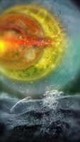 Parade of planets. Several planets line up in a row against the backdrop of a cosmic fantasy landscape in a gray-blue hue video
