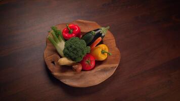 A Beautiful Array of Fresh Vegetables Artfully Arranged on a Rustic Wooden Plate video