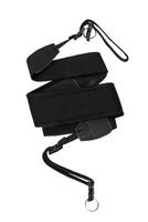 Black camera strap with adjustable length, durable nylon material, and quick-release buckles, suitable for photographers, isolated on a white back photo