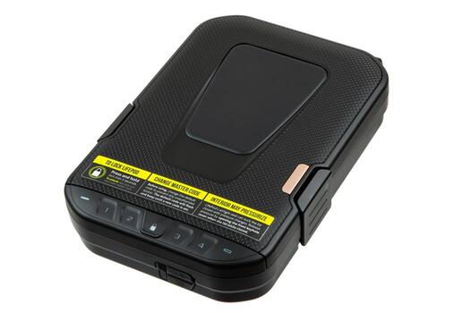 A sleek black safe with a digital keypad and fingerprint scanner, designed for securing valuables or firearms, set against a white background. photo