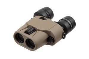 Binoculars with a tan body and black eyepieces, featuring image stabilization, isolated on a plain white background. photo