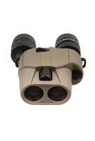 Tan-bodied, compact binoculars with black eyepieces and image stabilization technology, set against a white background. photo