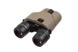 Compact binoculars in tan with black eyepieces, showcasing image stabilization technology, set on a white background. photo