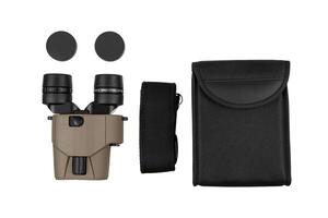 A compact set of binoculars with image stabilization, accompanied by two lens caps, a carrying strap, and a black carrying case, neatly arranged on a white back. photo