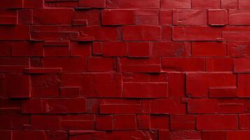 A red wall featuring textured, variously sized rectangular panels, forming a geometric pattern with visible brush strokes and subtle imperfections. photo