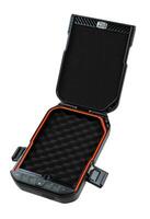 An open, portable black safe with orange lining and foam interior, designed to store weapons or valuables, set against a white background. photo