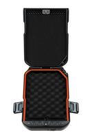Open portable black safe with an orange lining, featuring a foam interior for storing weapons or valuables, isolated on a white back. photo