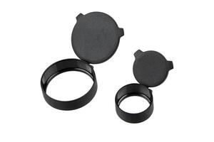 A pair of black plastic flip-up lens covers, one large and one small, displayed open on a white background, ideal for protecting optical device lenses like those on cameras or scopes. photo