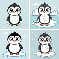 Cute Penguins on Ice with Snow and Fish vector