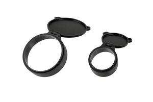 Open black plastic flip-up lens covers in two different sizes, arranged on a white background, perfect for safeguarding the lenses of optical devices such as cameras or scopes. photo