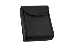 A black, rectangular, fabric pouch with a flap closure, suitable for storing small items or devices, isolated on a white back photo