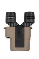 Compact binoculars with a tan exterior and black eyepieces, equipped with image stabilization technology, against a white background. photo