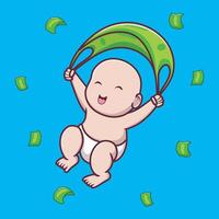 A cute illustration of a Tuyul, a mythical small creature from Southeast Asian folklore, often depicted as a mischievous child-like goblin. Tuyul is playing parachuting using money. vector