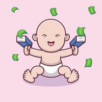 A cute illustration of a Tuyul, a mythical small creature from Southeast Asian folklore, often depicted as a mischievous child-like goblin. Tuyul is very happy playing with money. vector