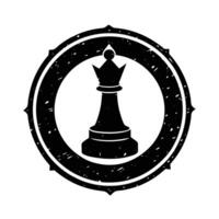 Black chess queen icon inside a distressed circular stamp. Represents strategy, power, and leadership in a game context. Simple, bold design. vector