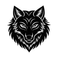 A stylized black and white wolfs head, depicted in a tribal art style. The image is detailed with sharp lines and a fierce expression. Its a graphic , perfect for logos or designs. vector