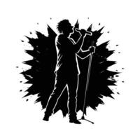 A black silhouette of a male singer performing on stage, holding a microphone, set against a splatter background. The image conveys energy and passion. vector