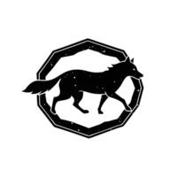 A stylized black silhouette of a wolf inside an octagonal frame. The wolf appears to be running, with a textured, cosmic design. Simple, yet striking graphic. vector