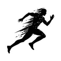 A stylized black silhouette of a runner in motion, depicted with speed lines suggesting rapid movement and intense athleticism. The image conveys power and energy. vector