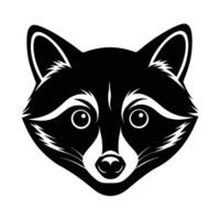 A striking black and white illustration of a raccoons head. The image is simple yet detailed, showcasing the animals distinctive features. Ideal for logo design or wildlife art. vector