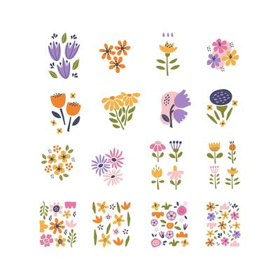 Simple abstract flower drawing set. Modern floral art illustration. Hand drawn botanical design for print, postcard, invitation. Summer flower market advertising template.