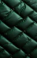 Green quilted fabric, close-up, showing detailed stitching and a soft, padded texture. photo