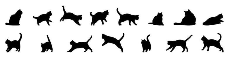 Collection set of cat silhouettes isolated in various poses. vector