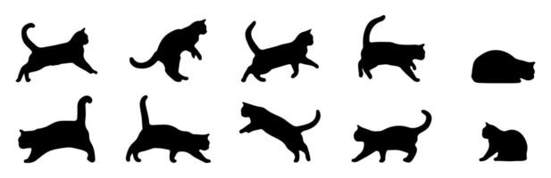 Collection set of cat silhouettes in different poses in drawing style, isolated on white background. vector