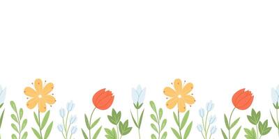 Horizontal seamless border with cute spring wildflowers. Botanical background in hand drawn flat style. vector