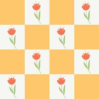 checkered seamless background with poppies. trendy groovy floral pattern. vector