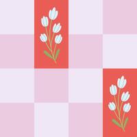 checkered seamless pattern with cute hand drawn flower branch. Trendy groovy pattern in retro style. vector
