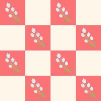 Seamless pattern with hand drawn spring flowers on checkered background. Cute trendy seamless background. vector