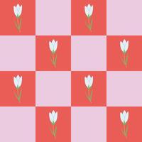 checkered seamless pattern with cute spring flower. Trendy retro backdrop with hand drawn flowers in 80s style vector