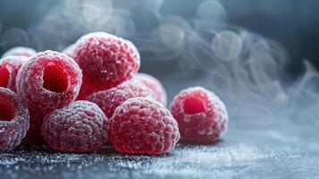 A close-up of frosty raspberries on a dark surface, showcasing their texture and freshness. photo