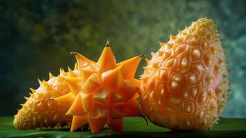 A vibrant display of exotic fruits showcasing unique textures and colors. photo