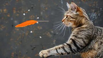 A playful cat reaching for an orange feather against a textured background. photo