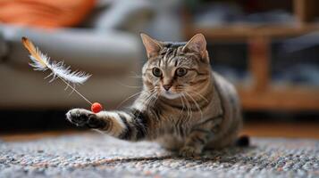 A playful cat reaching for a feather toy on a cozy rug in a warm living room. photo