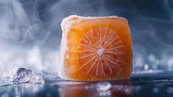 A frozen orange slice encased in ice, creating a visually striking and refreshing look. photo