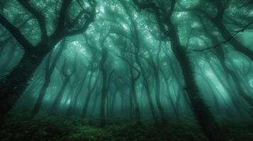 A misty forest scene with tall, twisted trees creating an ethereal atmosphere. photo