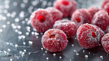 A close-up of frosted raspberries on a dark surface, highlighting their texture and sweetness. photo