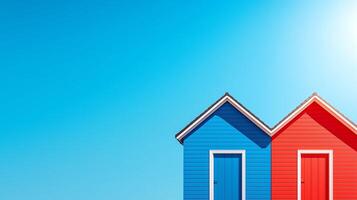 Vibrant illustration of colorful houses under a clear blue sky, showcasing modern architecture. Perfect for design, architecture, or real estate concepts. photo