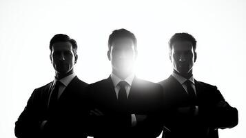 Silhouette of three confident business professionals standing together, representing teamwork and leadership in a corporate environment, with a striking light backdrop. photo